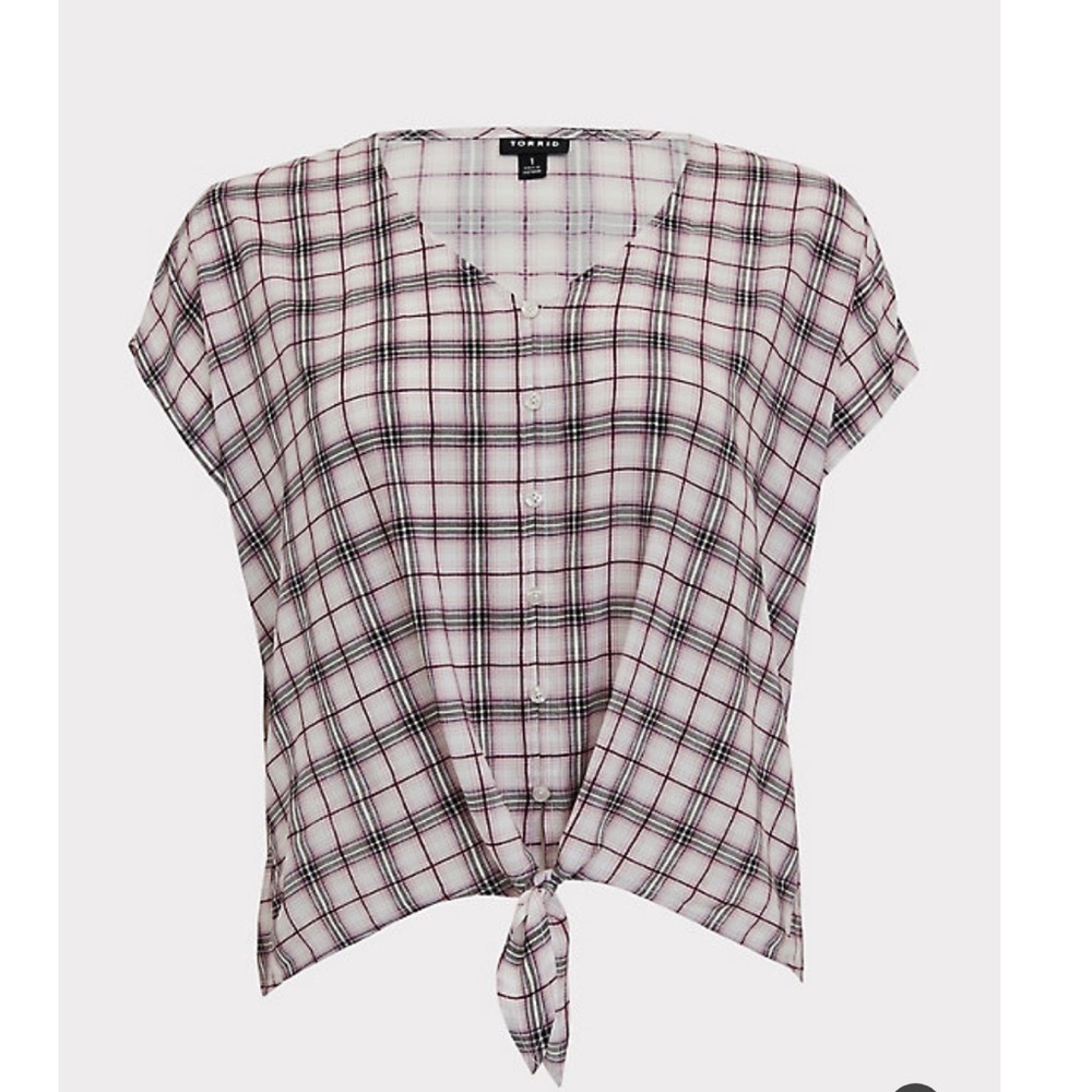 BERRY PURPLE & IVORY PLAID CHALLIS TIE FRONT MIDI